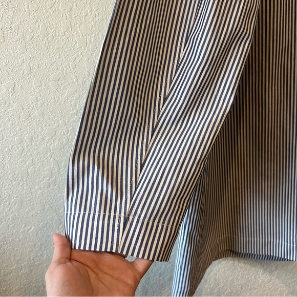 Lafayette 148 striped cotton linen coat jacket with leather strap closures - Picture 12 of 14